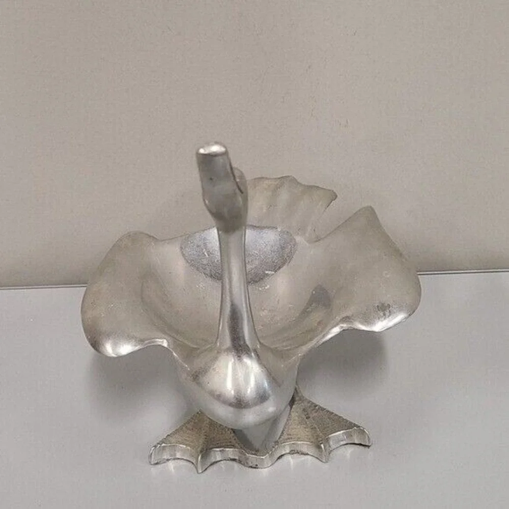 Vintage Swan Shaped Silver Metal Nut Candy Serving Dish Figurative Mid Century